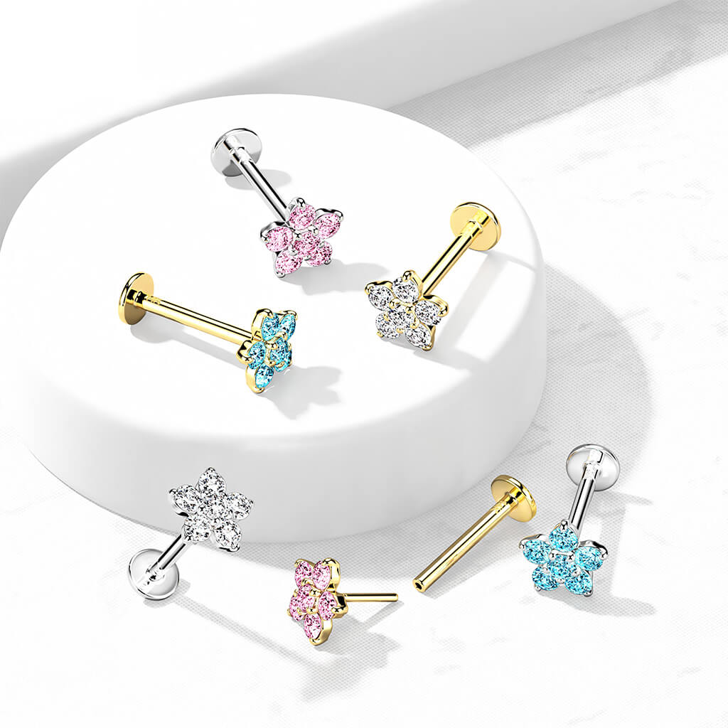 Or 14kt Labret Fleur Zircone Enfoncer - Image 5