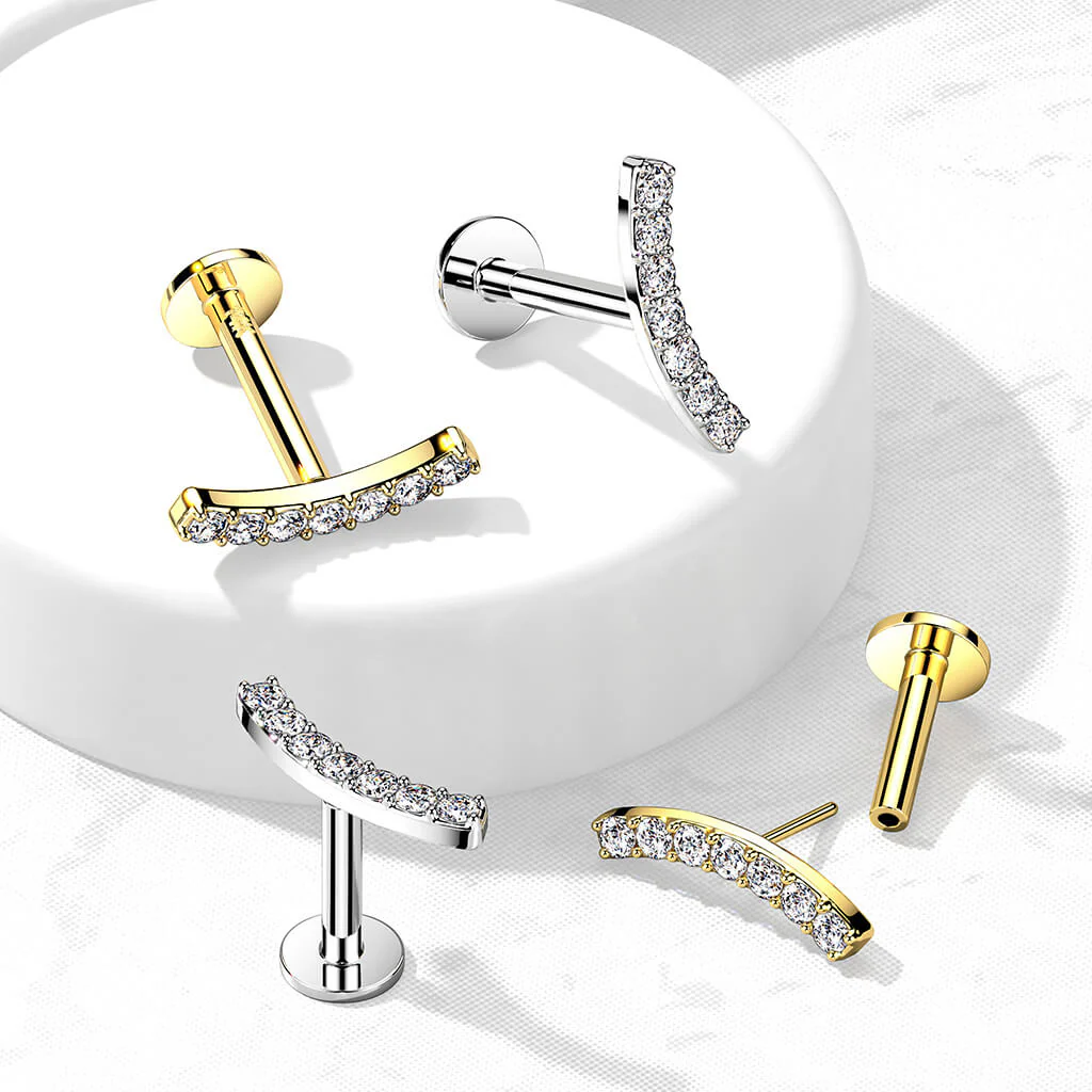 Or 14kt Labret Barre Courbée Zircone Enfoncer - Image 5