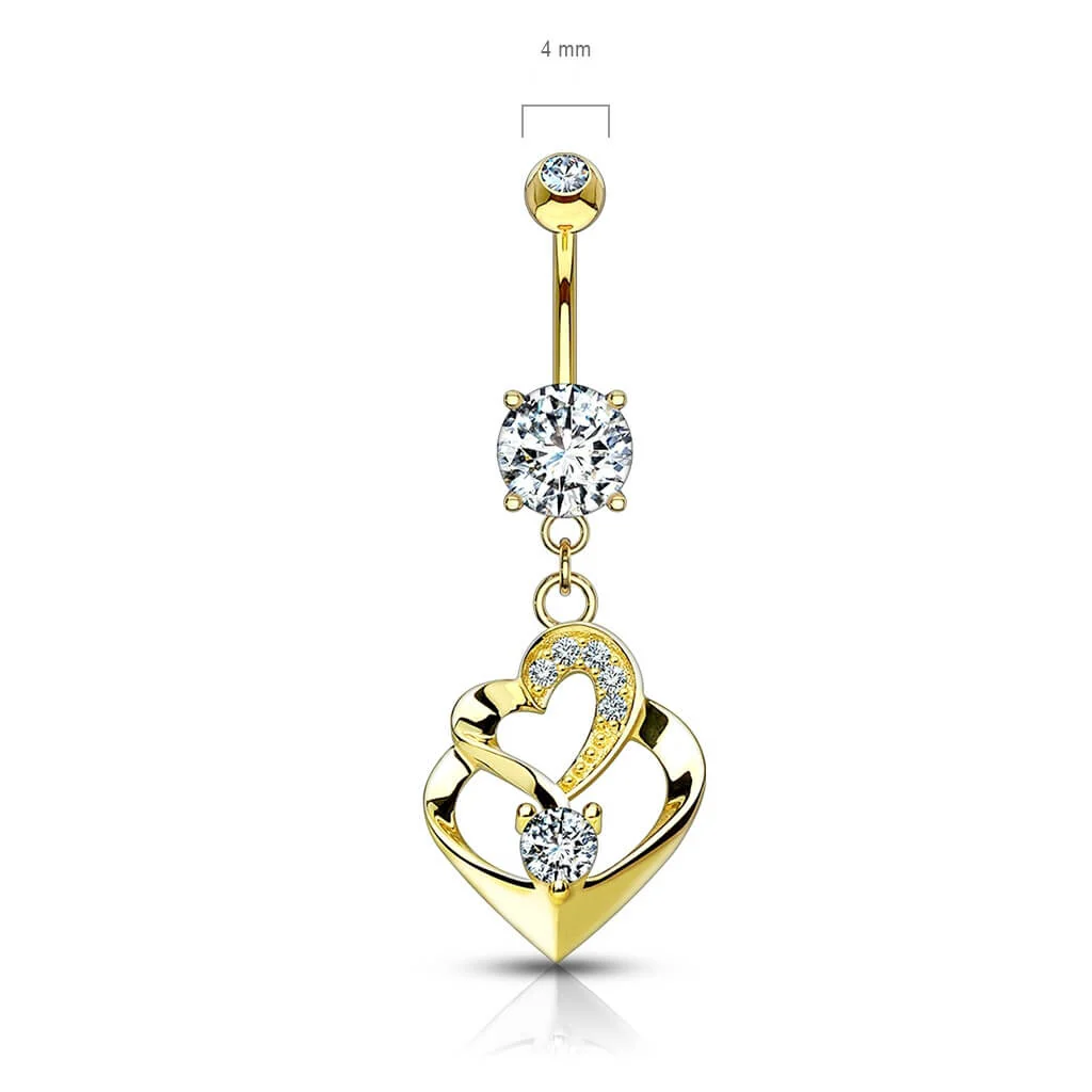 Or 14kt Piercing Nombril Pendentif Double Cœur Zircone - Image 3