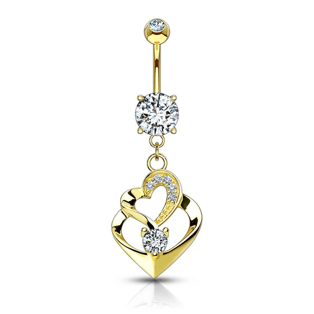 Or 14kt Piercing Nombril Pendentif Double Cœur Zircone - Image 4