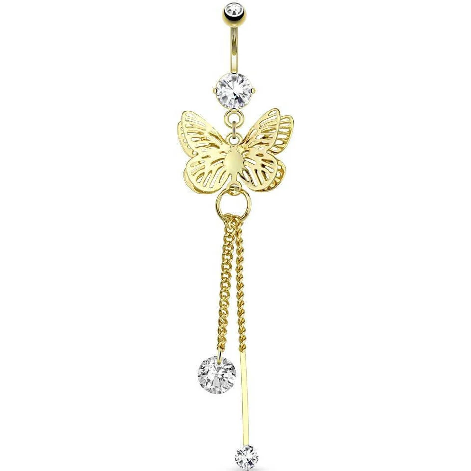 Piercing Nombril Pendentif Papillon Zircone Or