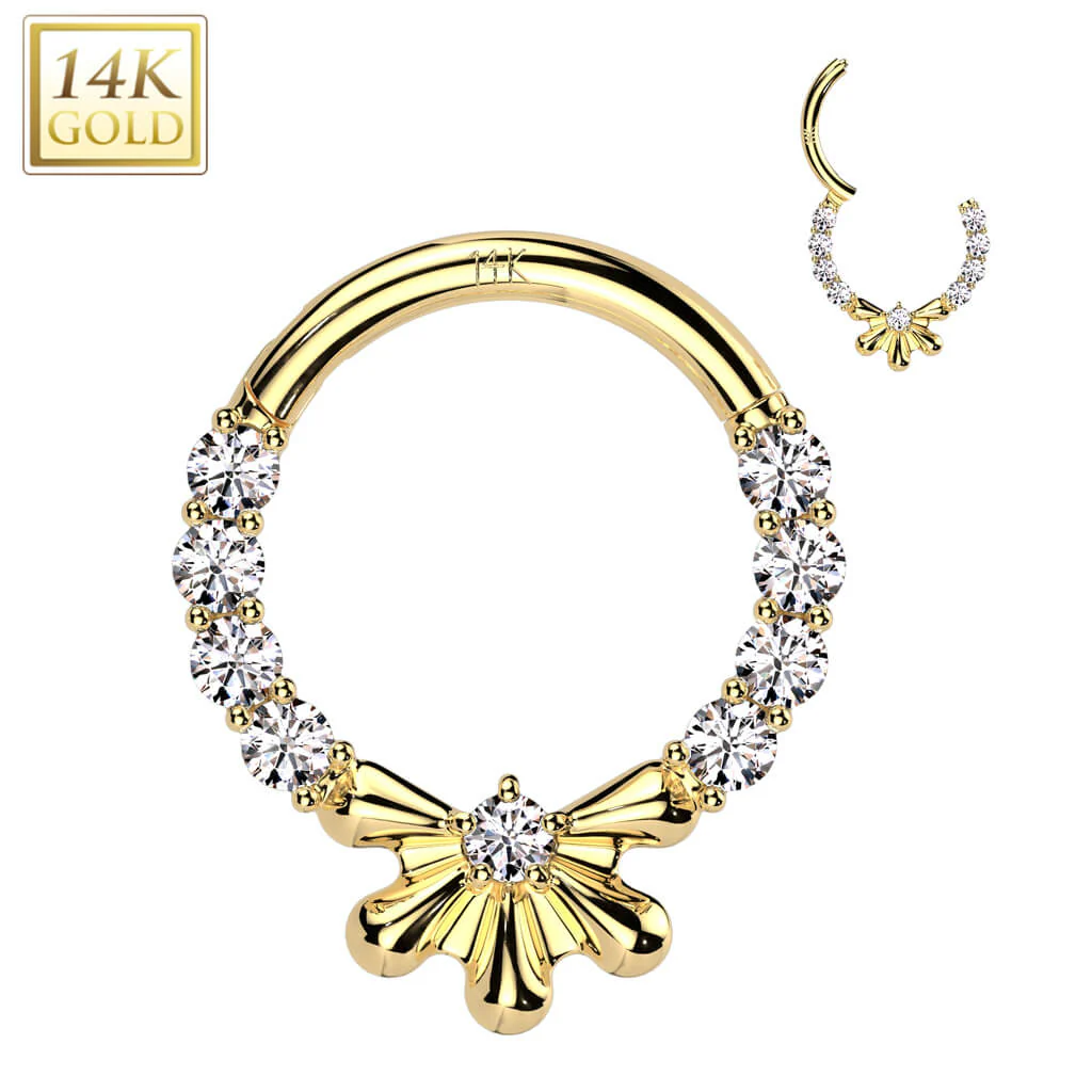 Or 14kt Anneau Demi Fleur Zircone Serti Pavé Cliqueur - Image 4