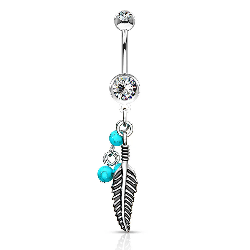 Piercing Nombril Pendentif Plume Turquoise Pierre Semi-Précieuse Zircone Argent - Image 2