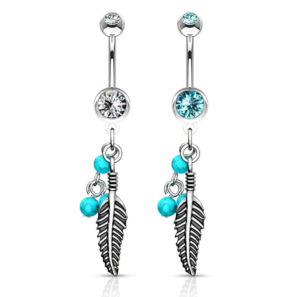 Piercing Nombril Pendentif Plume Turquoise Pierre Semi-Précieuse Zircone Argent - Image 4