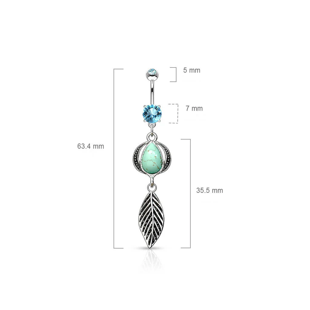 Piercing Nombril Pendentif Plume Pierre Semi-Précieuse Turquoise  Zircone Argent - Image 2