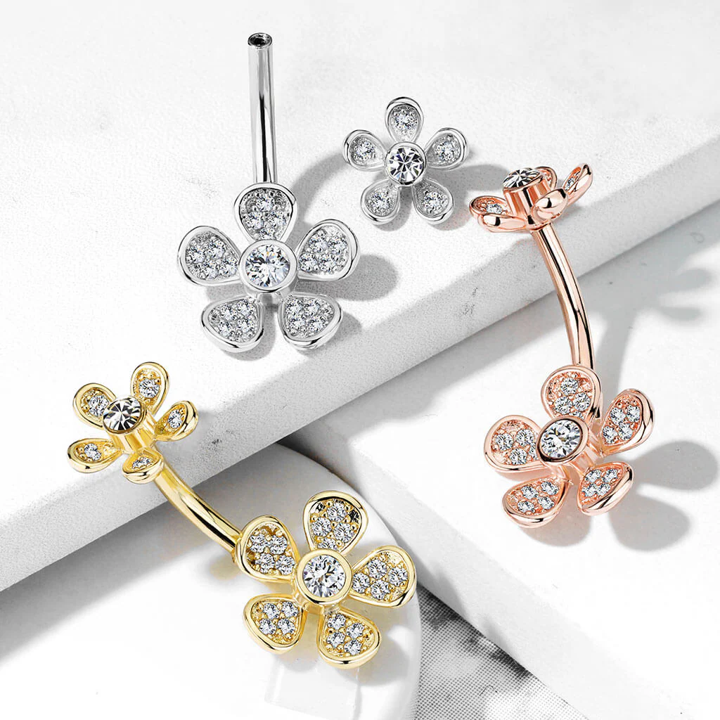 Piercing Nombril Fleur Zircone Filetage Interne - Image 7