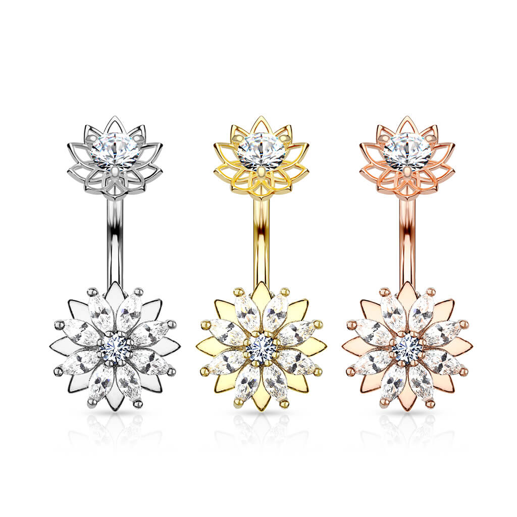 Piercing Nombril Fleur Zircone Filetage Interne - Image 5