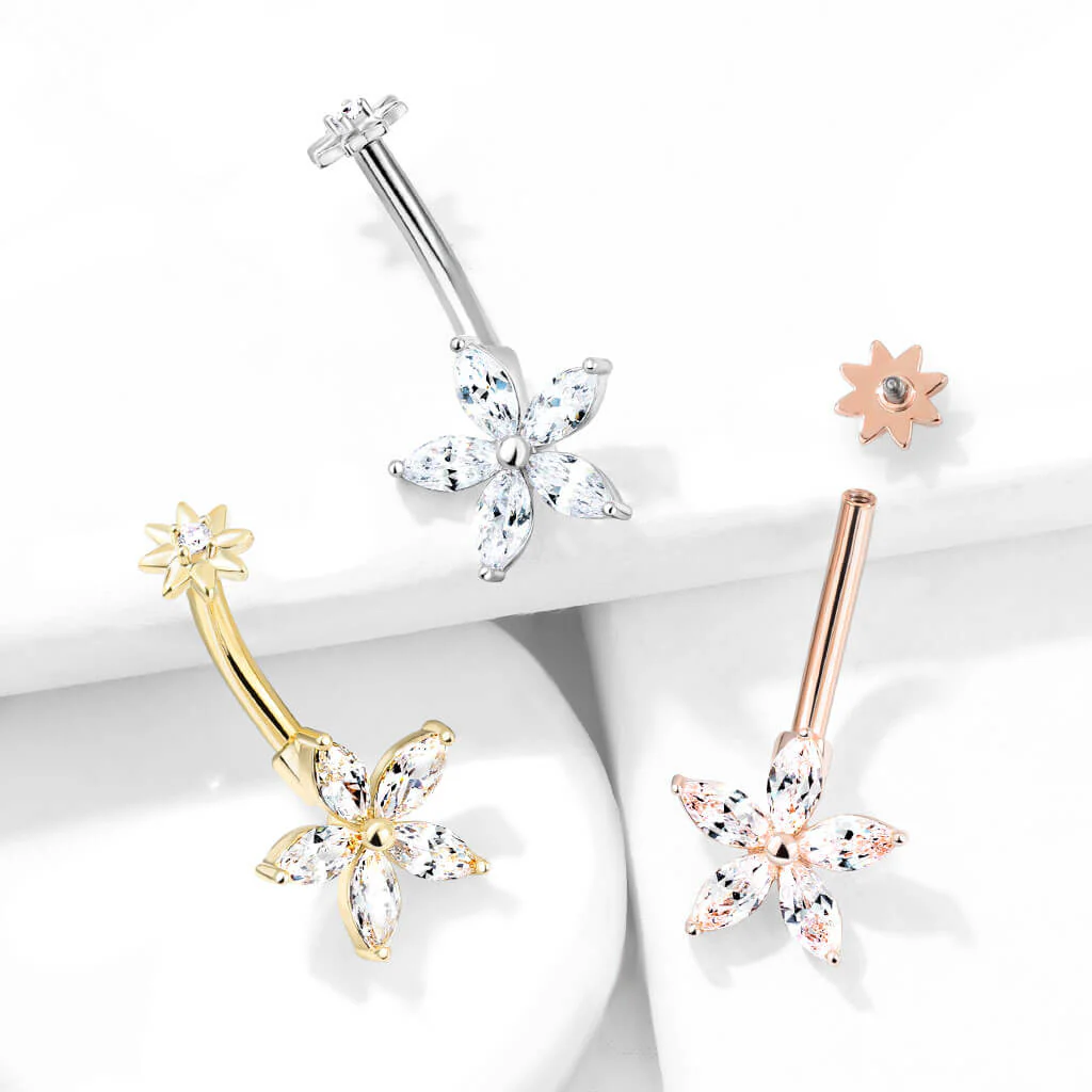 Piercing Nombril Fleur Zircone Filetage Interne - Image 7