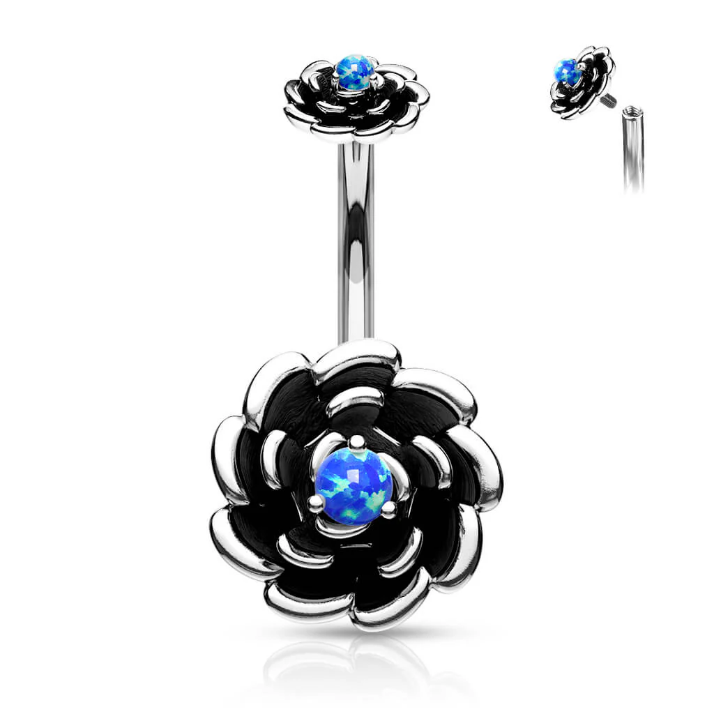 Piercing Nombril Fleur Opale Noir Filetage Interne - Image 2