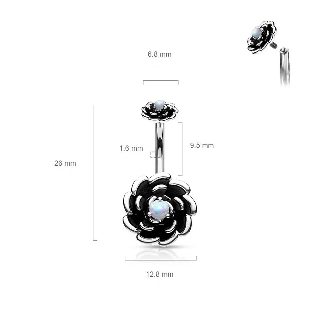 Piercing Nombril Fleur Opale Noir Filetage Interne - Image 3