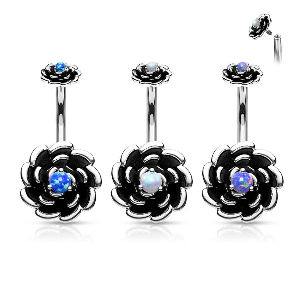Piercing Nombril Fleur Opale Noir Filetage Interne - Image 5