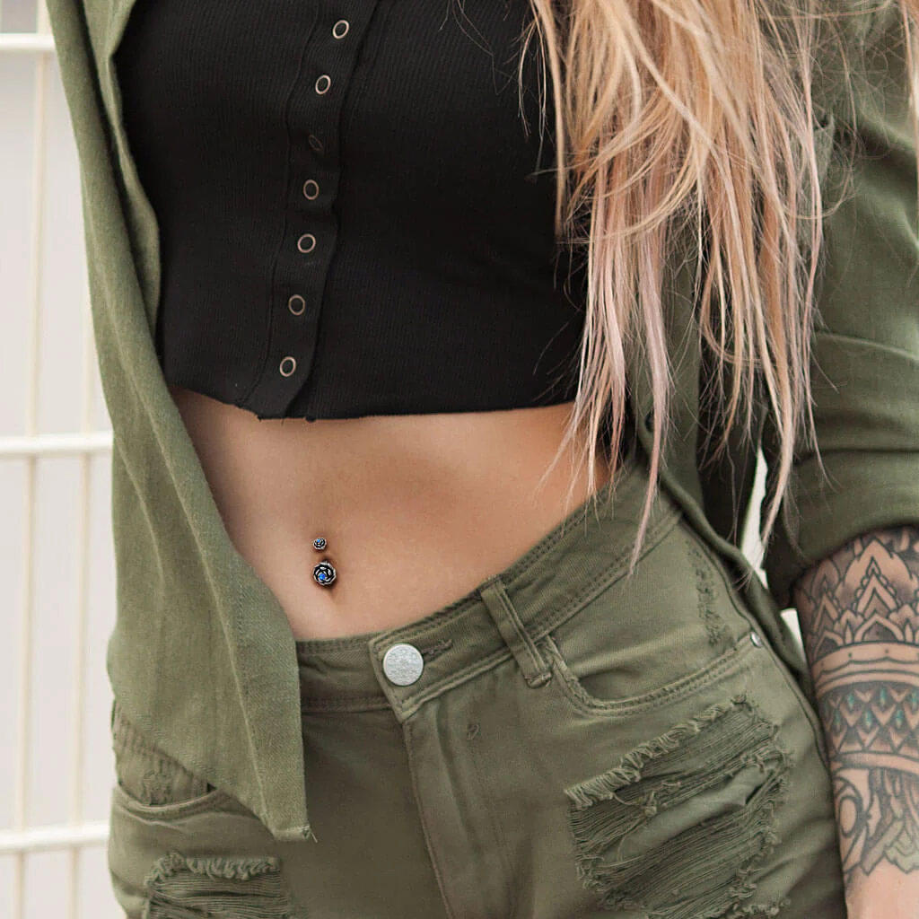 Piercing Nombril Fleur Opale Noir Filetage Interne - Image 7