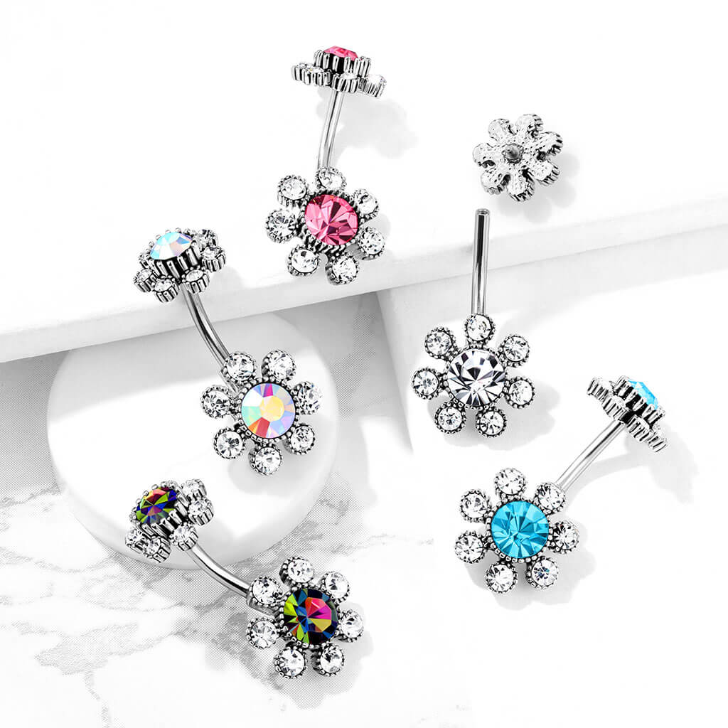 Piercing Nombril Fleur Zircone Argent Filetage Interne - Image 8