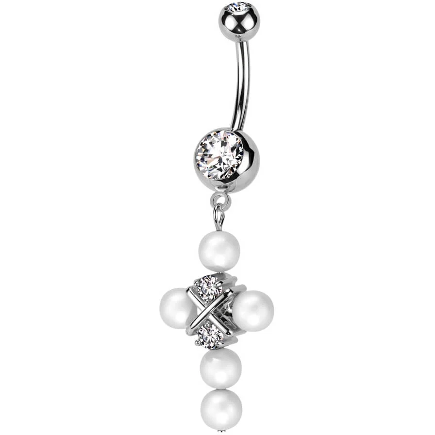 Piercing Nombril Pendentif Croix Perle Zircone - Image 3