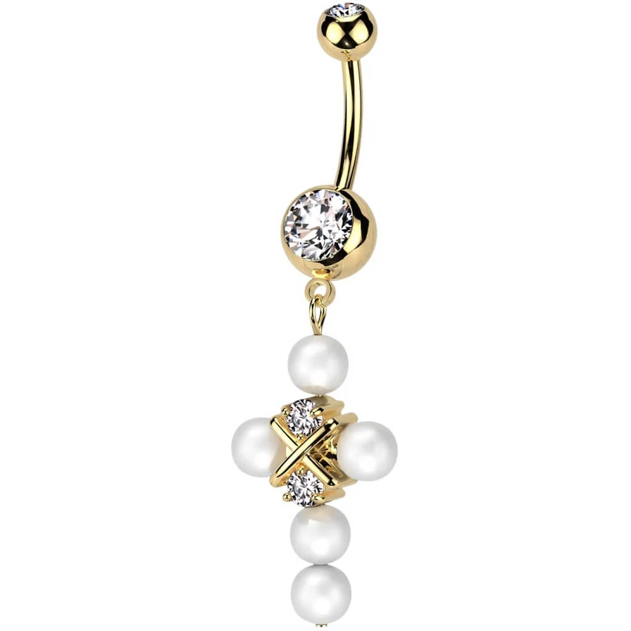 Piercing Nombril Pendentif Croix Perle Zircone - Image 4