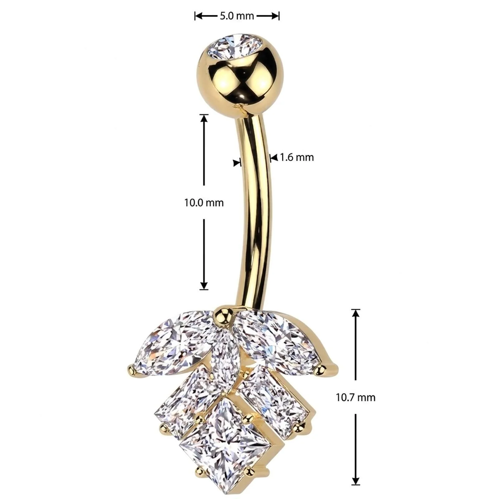 Piercing Nombril laiton titane feuille zircone taillée en marquise - Image 2
