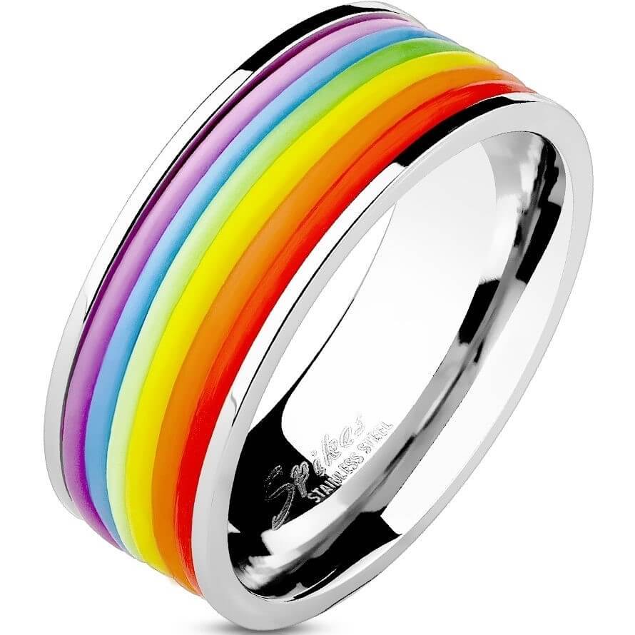 Anneau 316L Bague Bande Arc-en-Ciel Caoutchouc Rayé