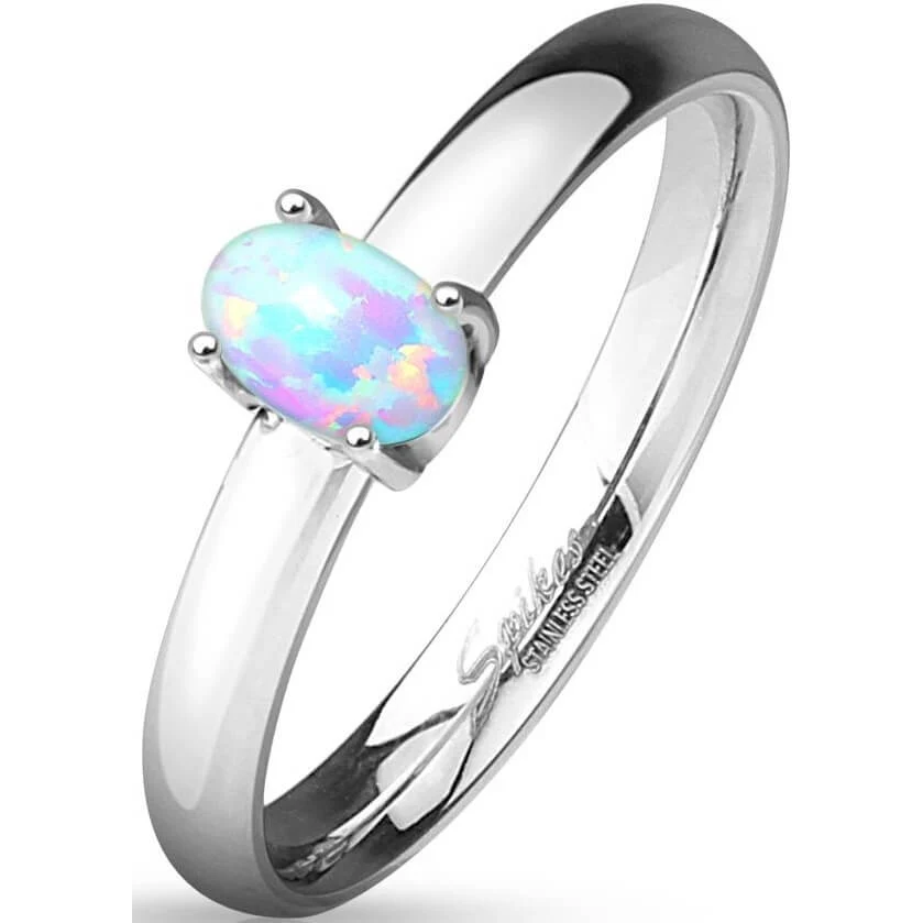 Anneau 316L Bague de Fiançailles Opale Ovale Sertissage à Griffes Dôme Classique