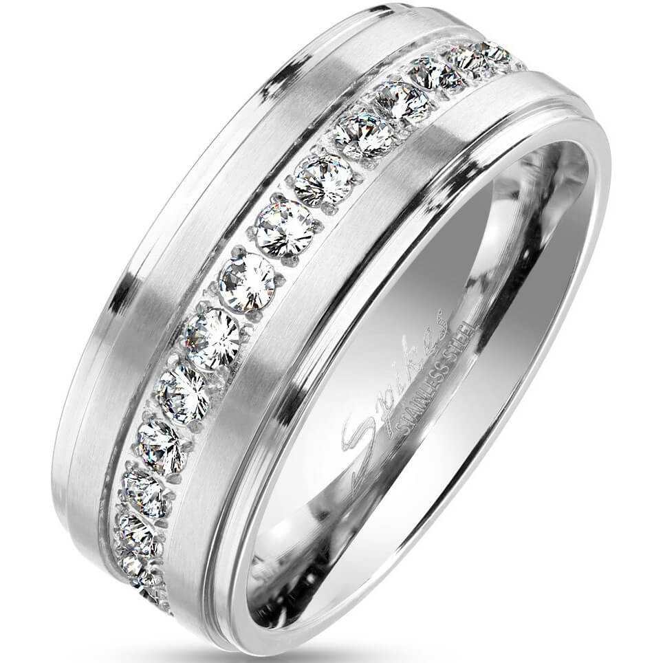Anneau 316L Bague Éternité Bords Étagés Finition Brossée Sertissage CNC Oxyde de Zirconium Centre Pavé