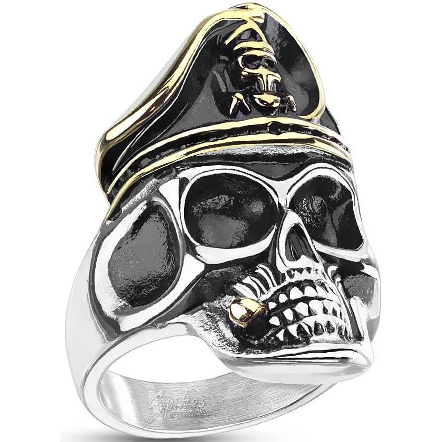 Anneau 316L Bague Bicolore Crâne de Pirate Fumeur avec Chapeau