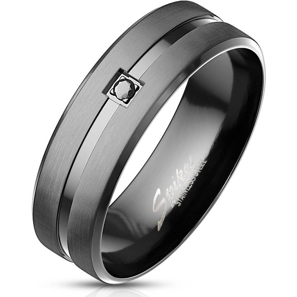 Anneau 316L Bague Oxyde de Zirconium Noir sur Centre Noir Mat avec Rainure Brillante Bords Biseautés