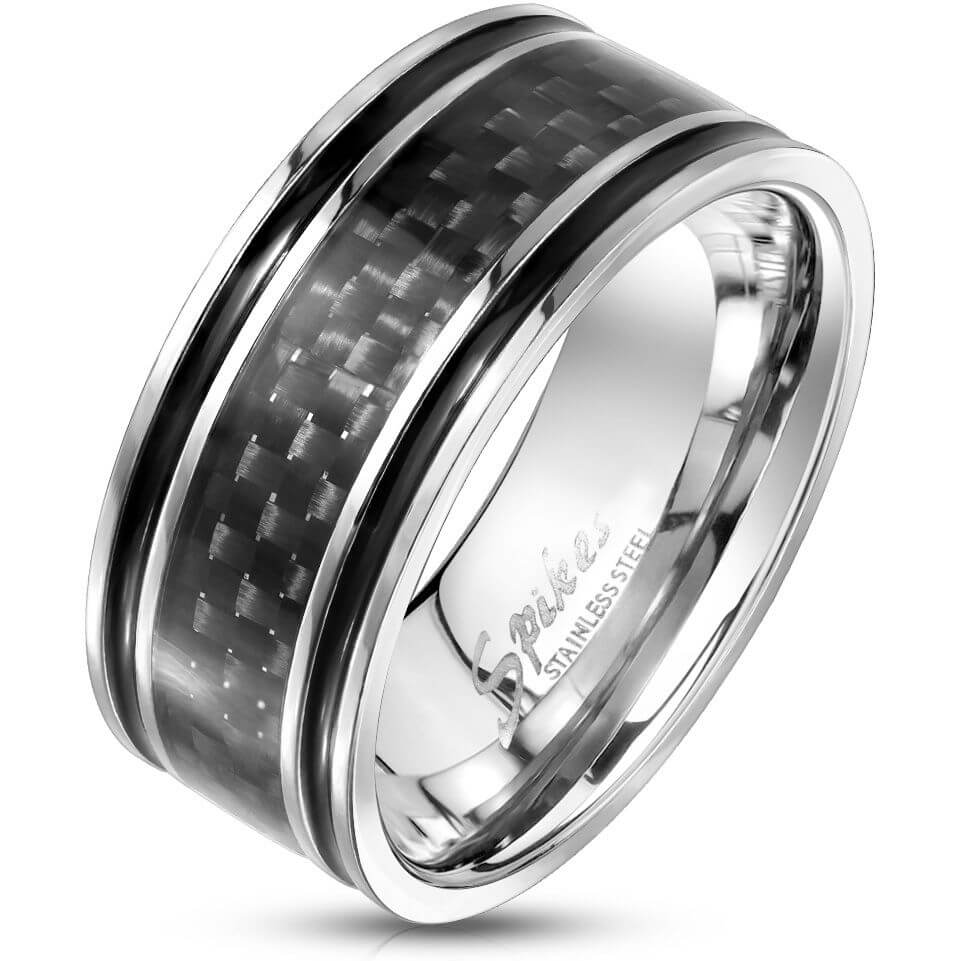 Anneau 316L Bague Fibre de Carbone Incrustée Centre avec Lignes Noires