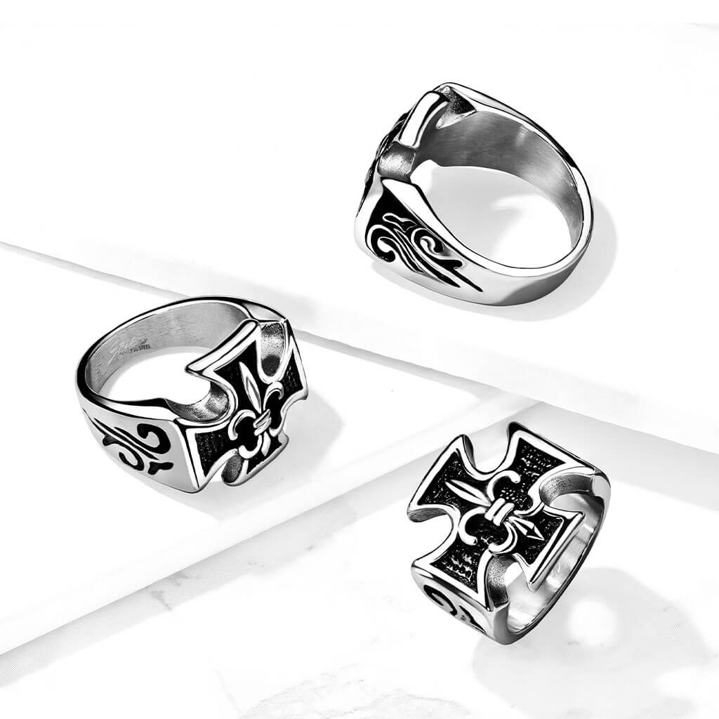 Anneau 316L Bague Croix de Fer et Fleur de Lis avec Vague Tribale Sculptée Côtés - Image 2