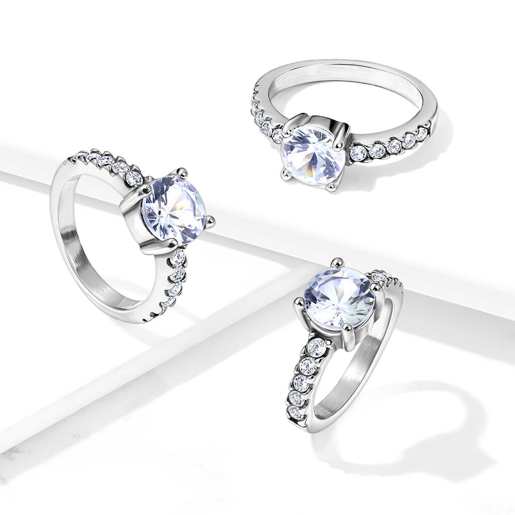 Anneau 316L Bague Fiançailles Oxyde de Zirconium Rond Sertissage à Griffes avec 10 Côtés Pavés Oxyde de Zirconium - Image 2