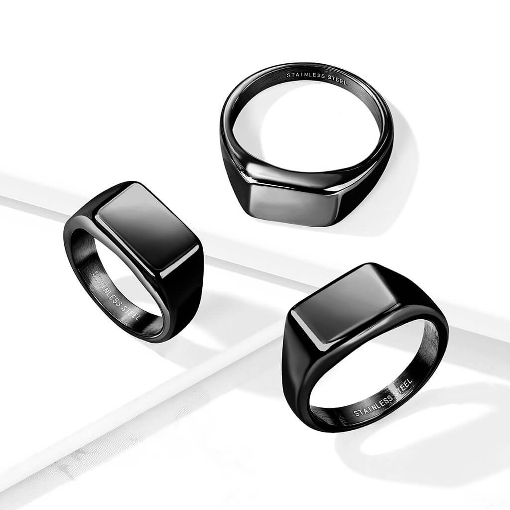 Anneau 316L Bague Dessus Plat Carré Large Plaqué PVD Noir - Image 2