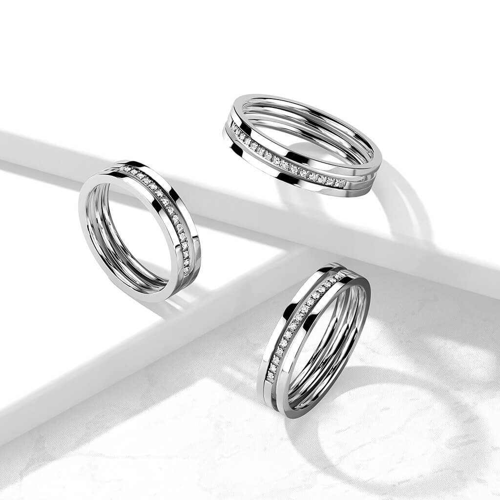 Anneau Triple Ligne Zircone Argent - Image 2