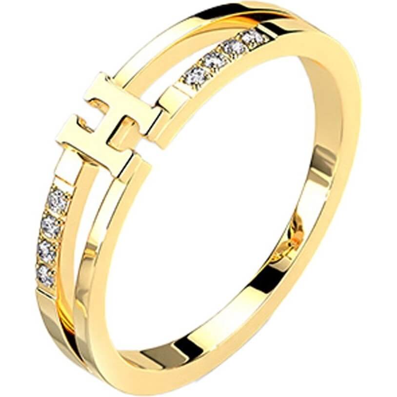 Anneau 316L Bague Centre H avec Double Ligne Oxyde de Zirconium Or