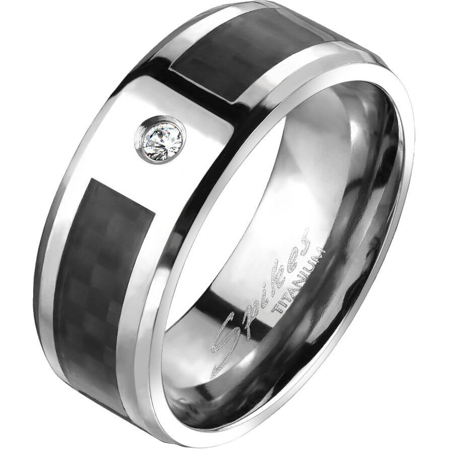 Titane Anneau Titan Bague Bande Incrustation Fibre de Carbone Noire Centre Zirconium Cubique