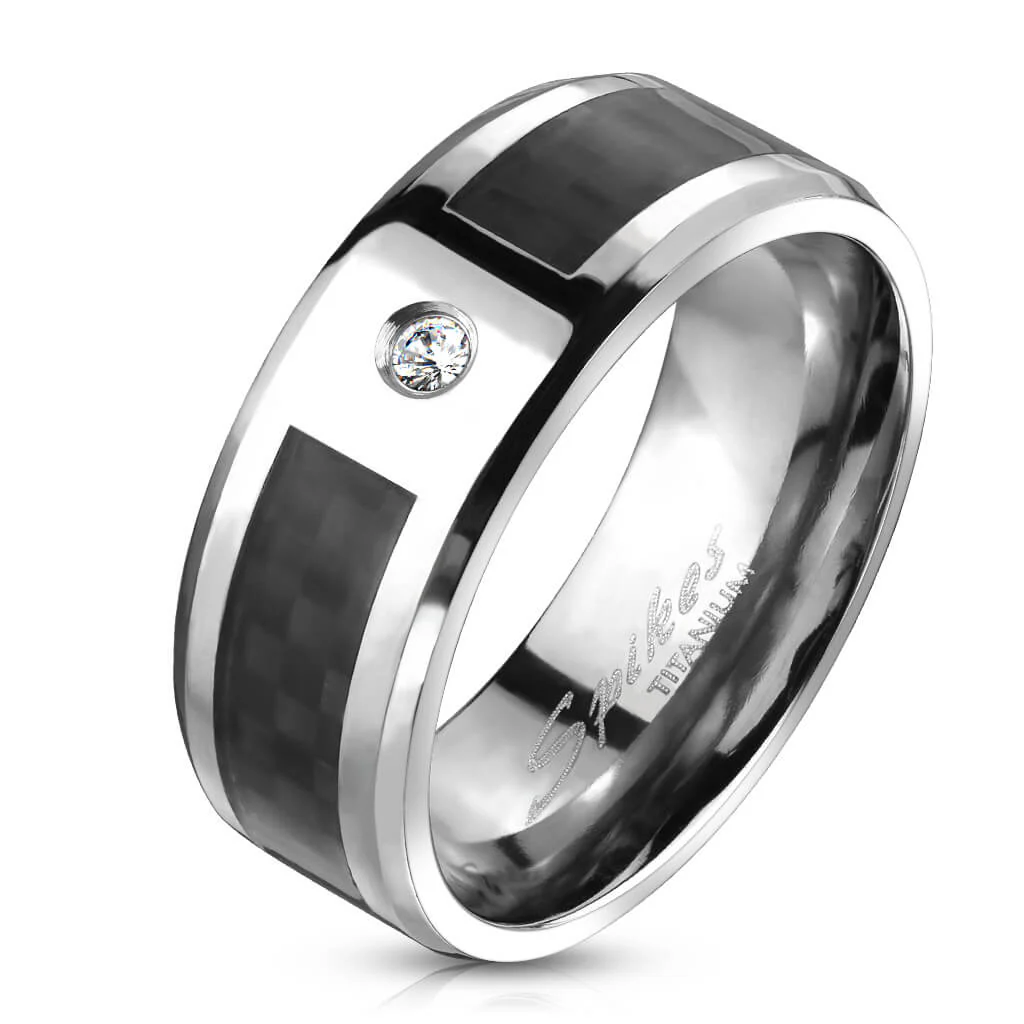 Titane Anneau Titan Bague Bande Incrustation Fibre de Carbone Noire Centre Zirconium Cubique - Image 2