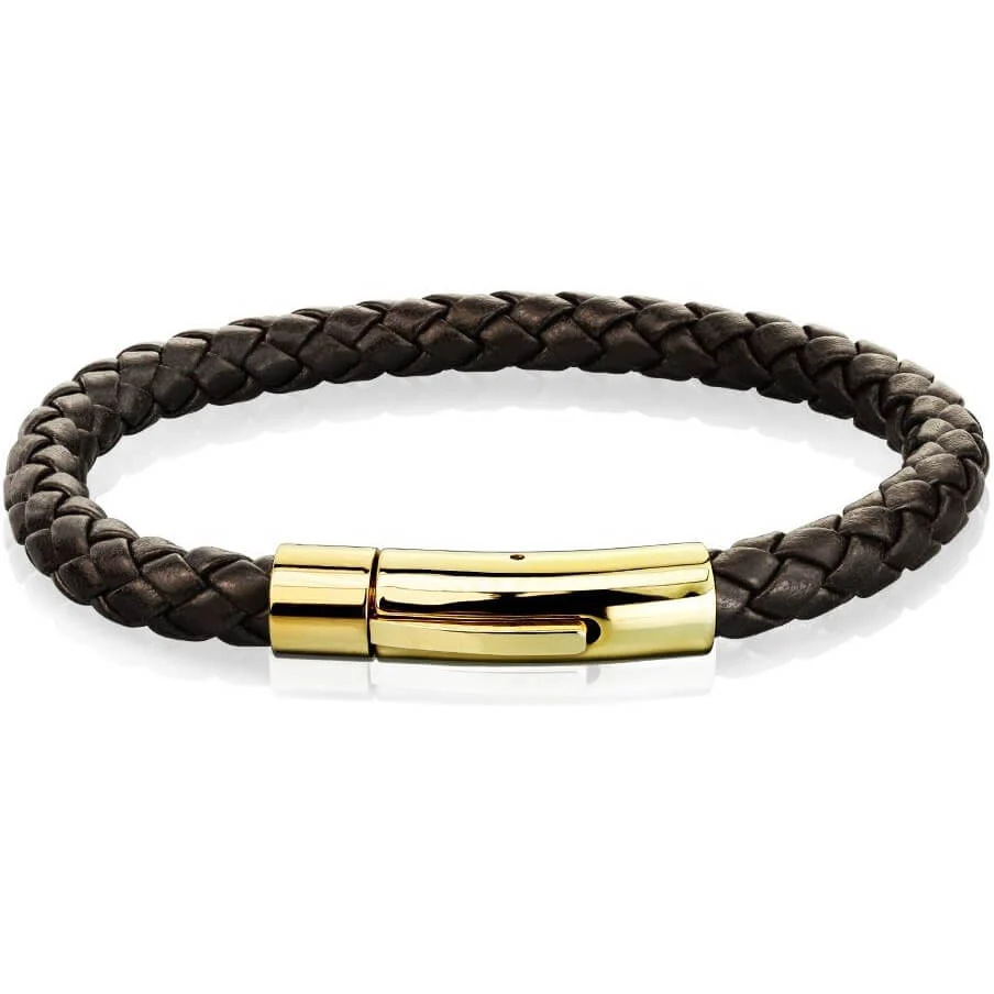 Bracelet Tressé Marron Fermoir Or