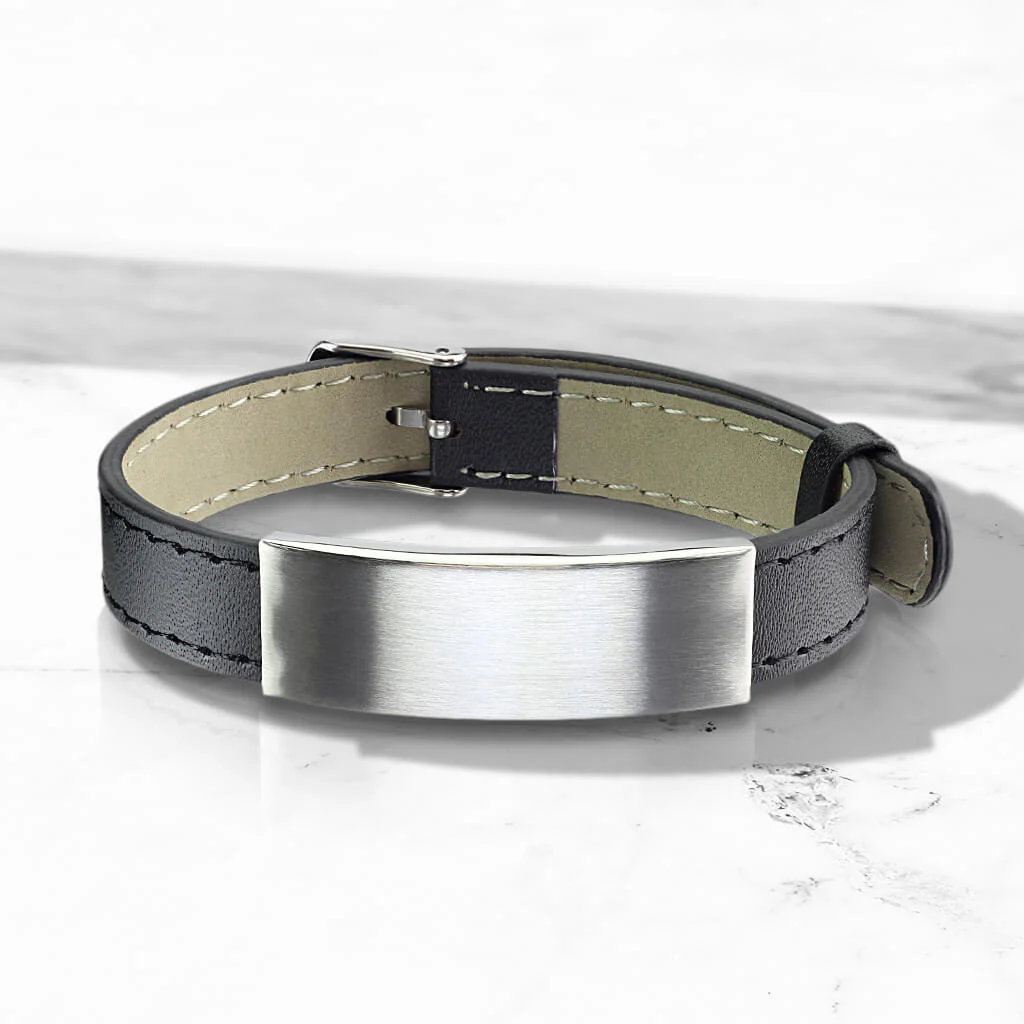 Bracelet Noir Plaque à Graver en Argent - Image 2