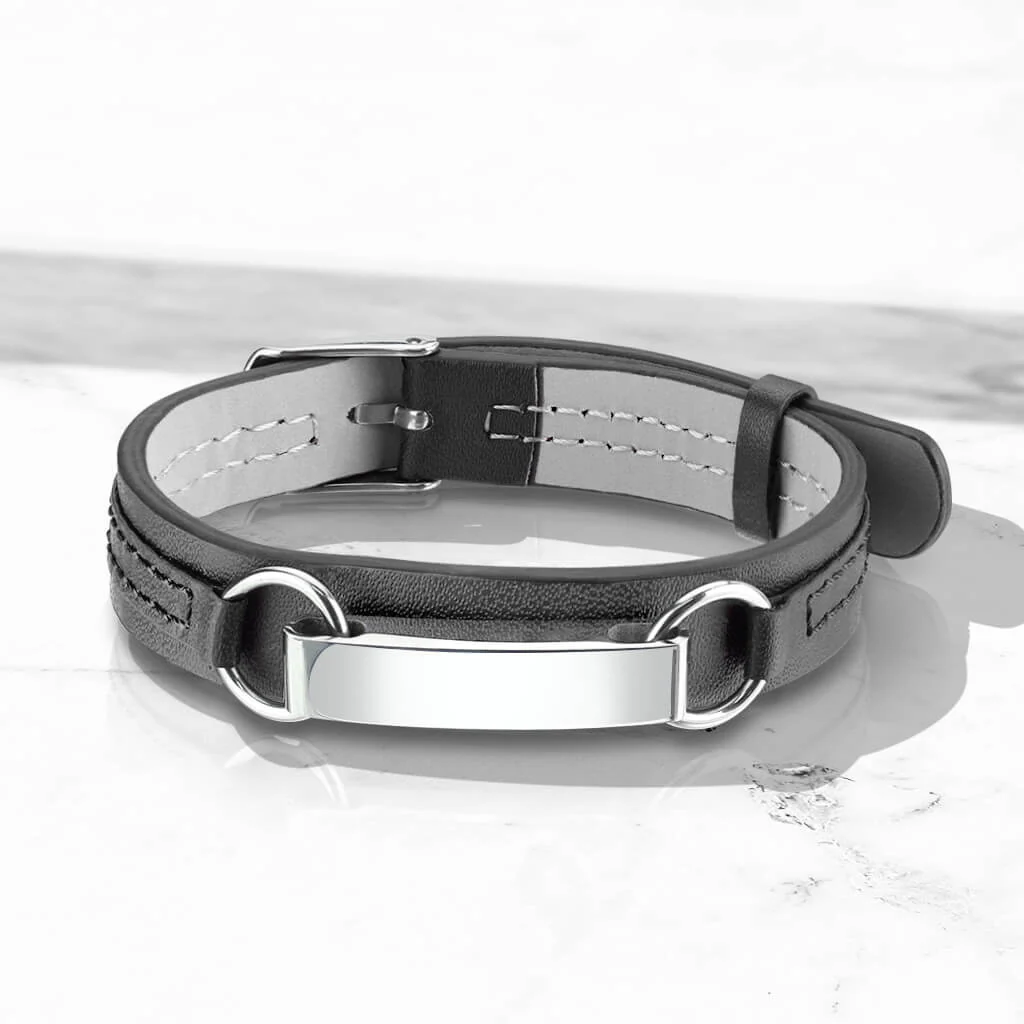 Bracelet Noir Plaque à Graver en Argent - Image 2