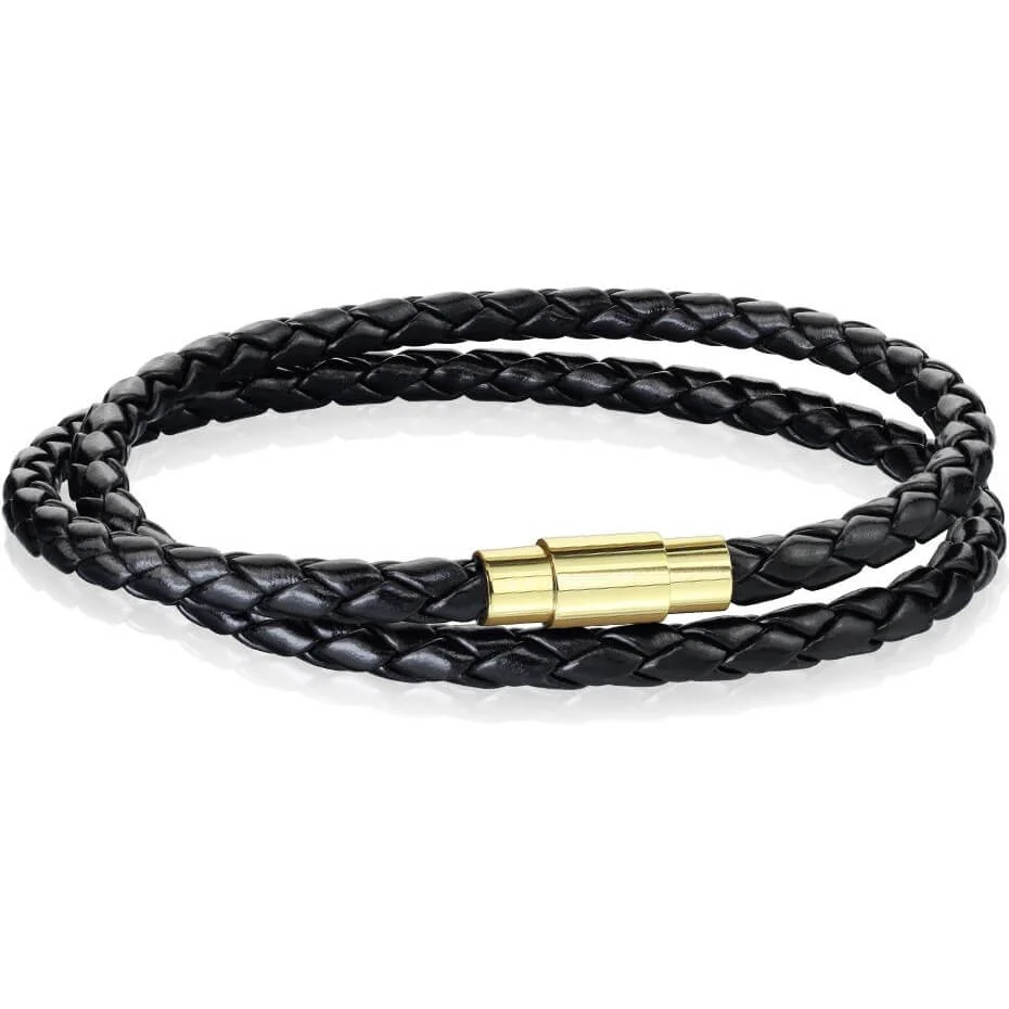 Bracelet Double Rangée Tressée Noir Fermoir Or Aimant