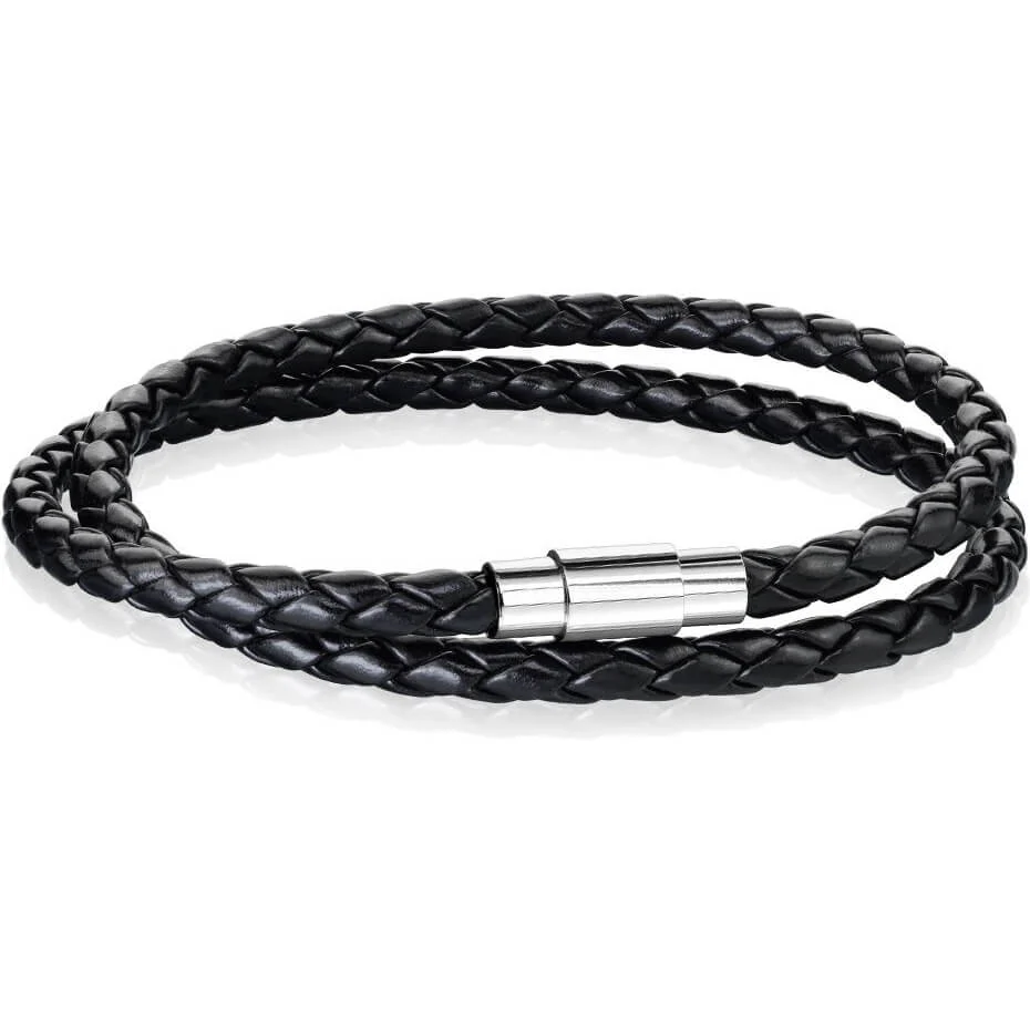 Bracelet Double Rangée Tressée Noir Fermoir Argent Aimant