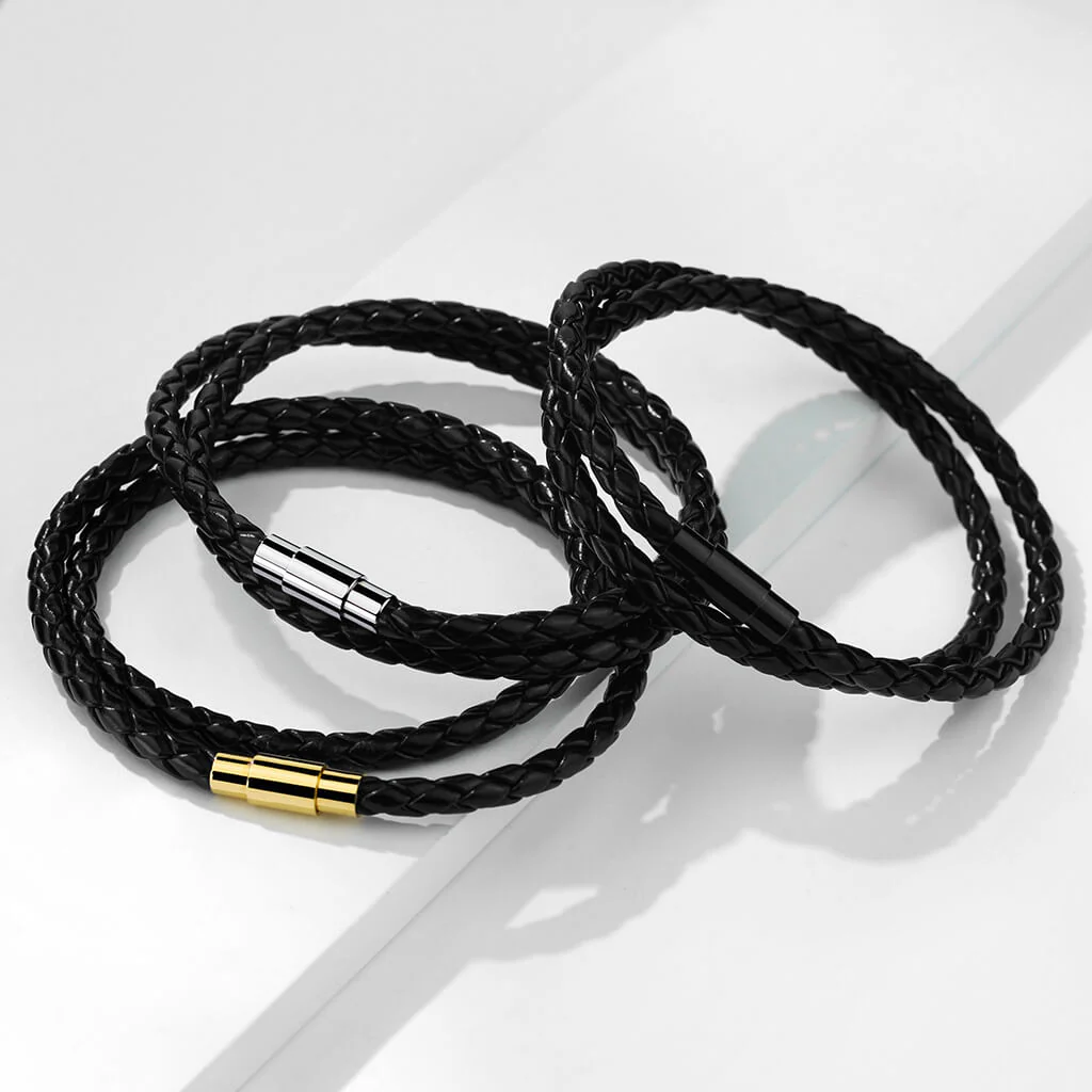 Bracelet Double Rangée Tressée Noir Fermoir Argent Aimant - Image 2