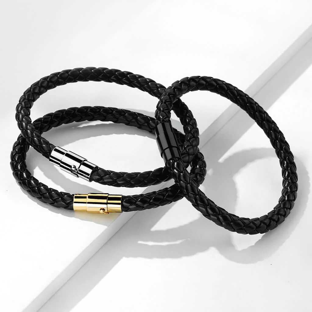 Bracelet Tressé Noir Fermoir Argent Aimant - Image 2
