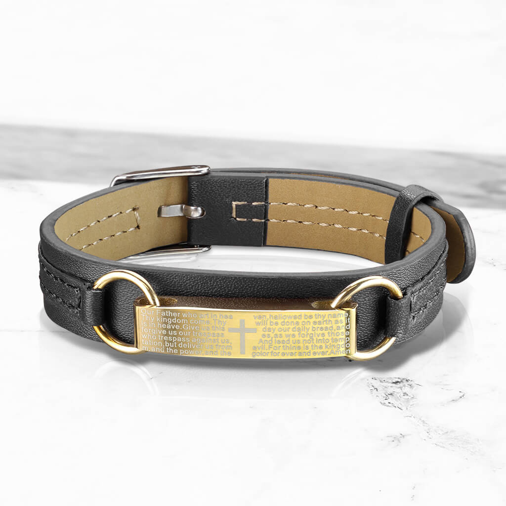 Bracelet Noir Plaque Or Croix Notre Père - Image 3