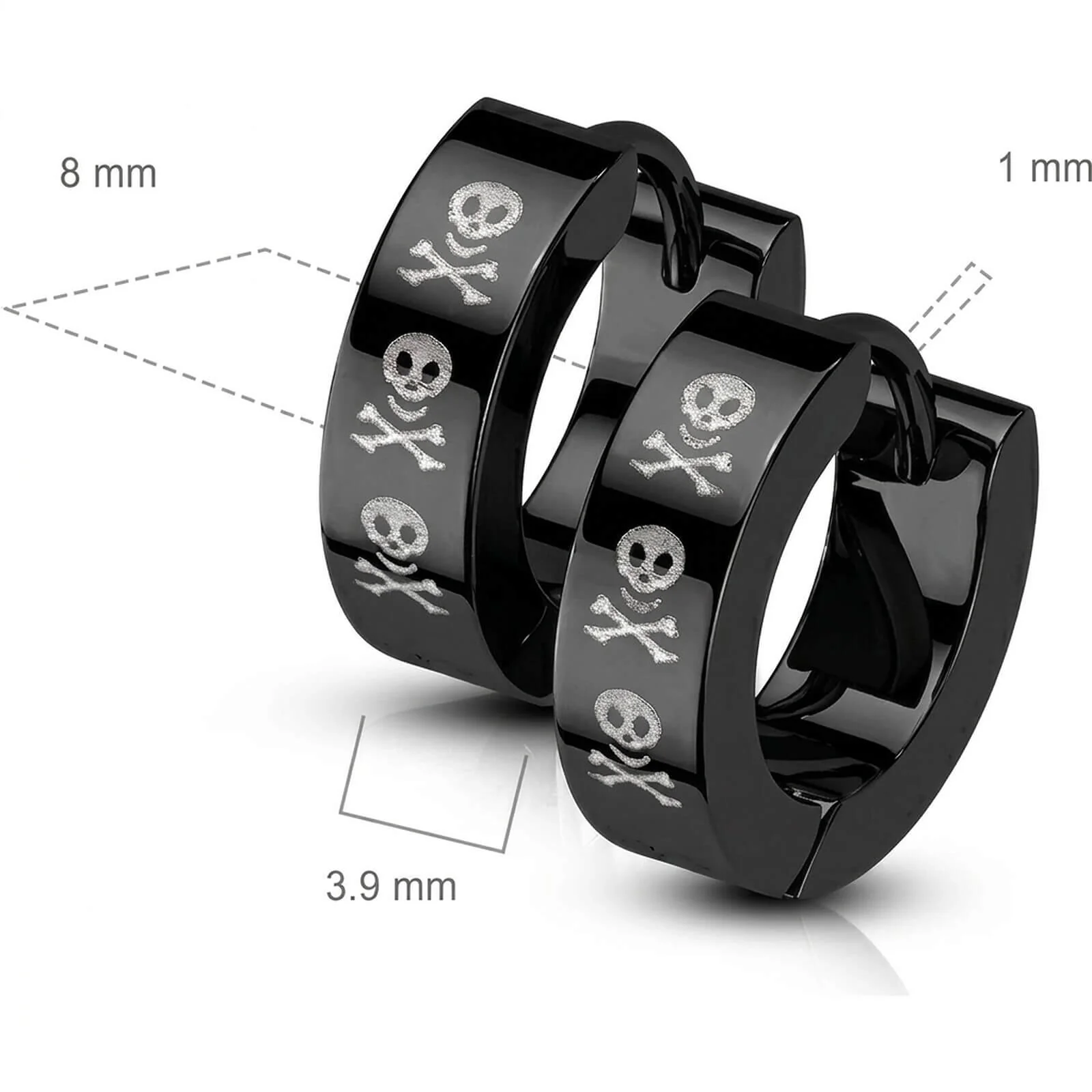 Boucle d'Oreille 316L PVD Noir Créole Charnière Trois Crânes 1 Paire Cliqueur - Image 2