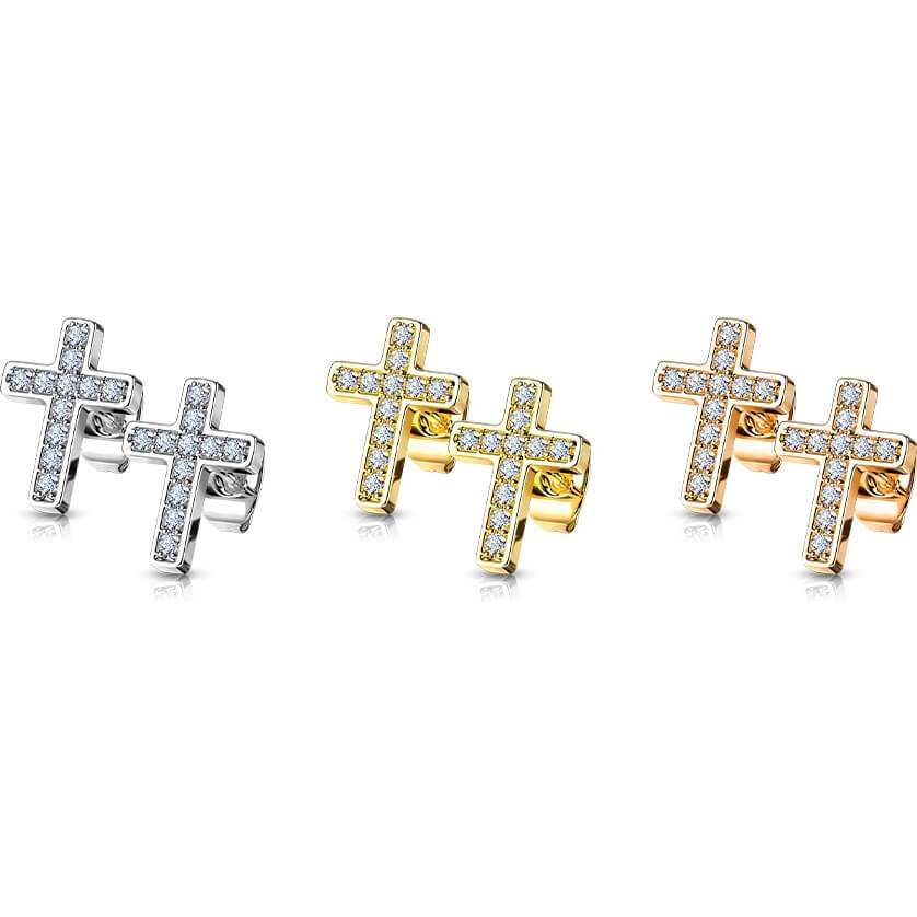 Bouton d'Oreille 316L Clous d'oreilles Croix Pavée de Zircone Cubique 1 Paire - Image 2