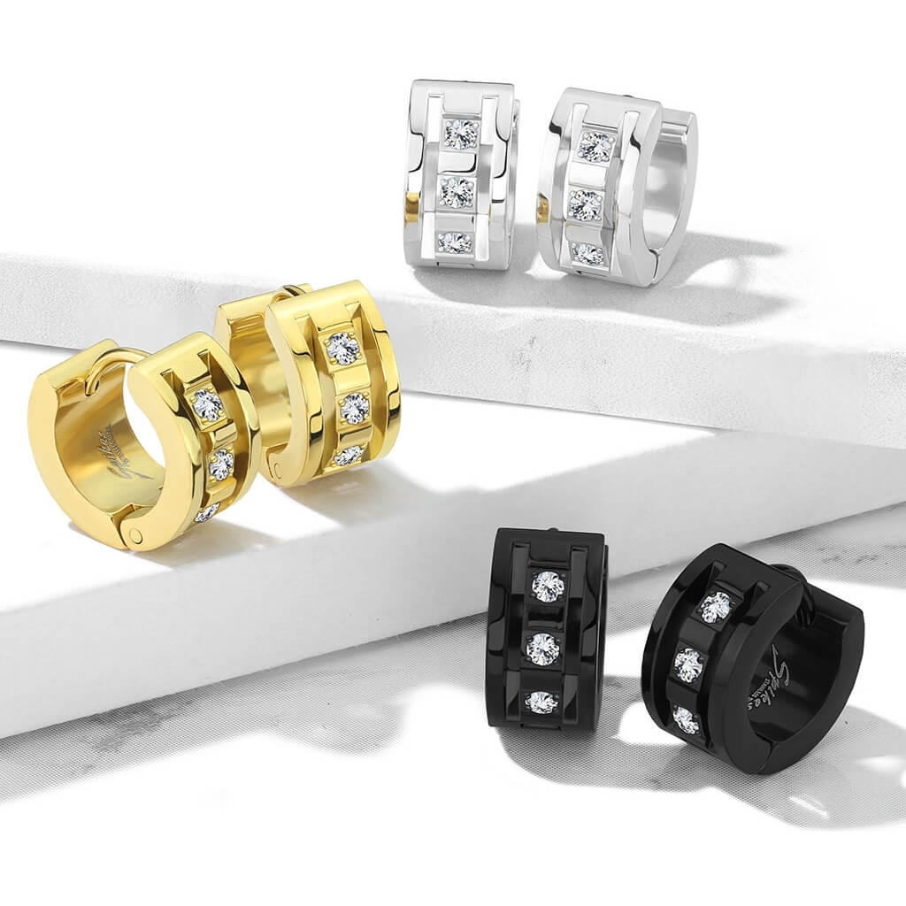 Boucle d'Oreille 316L Créoles Charnière 3 Zircones Cubiques Claires Serties CNC 1 Paire Cliqueur - Image 6