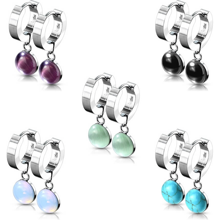 Boucle d'Oreille 316L Créoles Charnière avec Pendentif Pierre Semi-Précieuse 1 Paire Cliqueur - Image 3