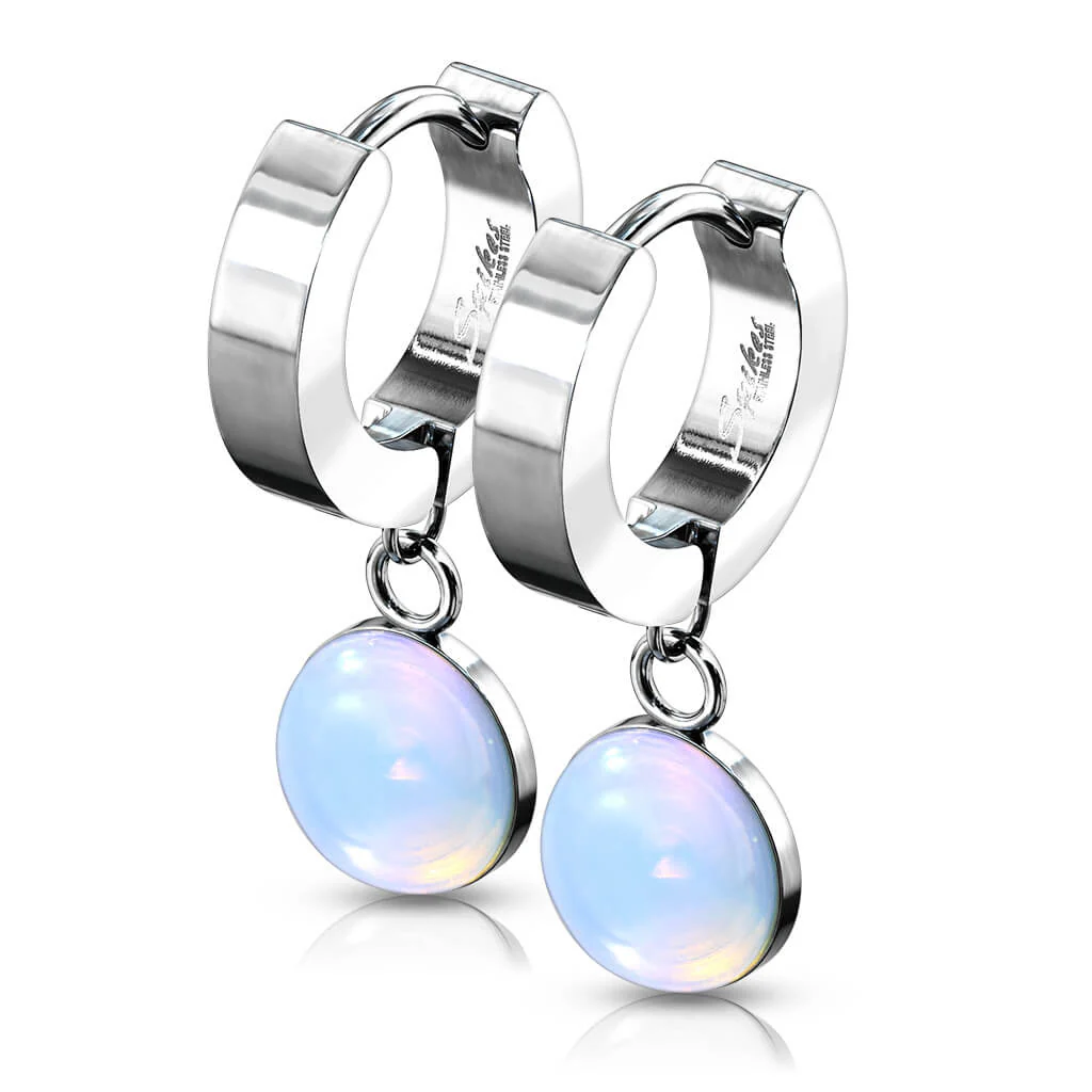 Boucle d'Oreille 316L Créoles Charnière avec Pendentif Pierre Semi-Précieuse 1 Paire Cliqueur - Image 9
