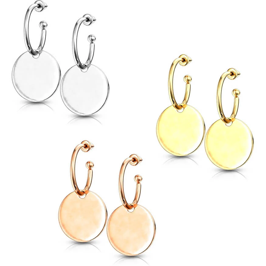 Bouton d'Oreille 316L Clous d'Oreille Créoles avec Pendentif Plaque Ronde 1 Paire - Image 3