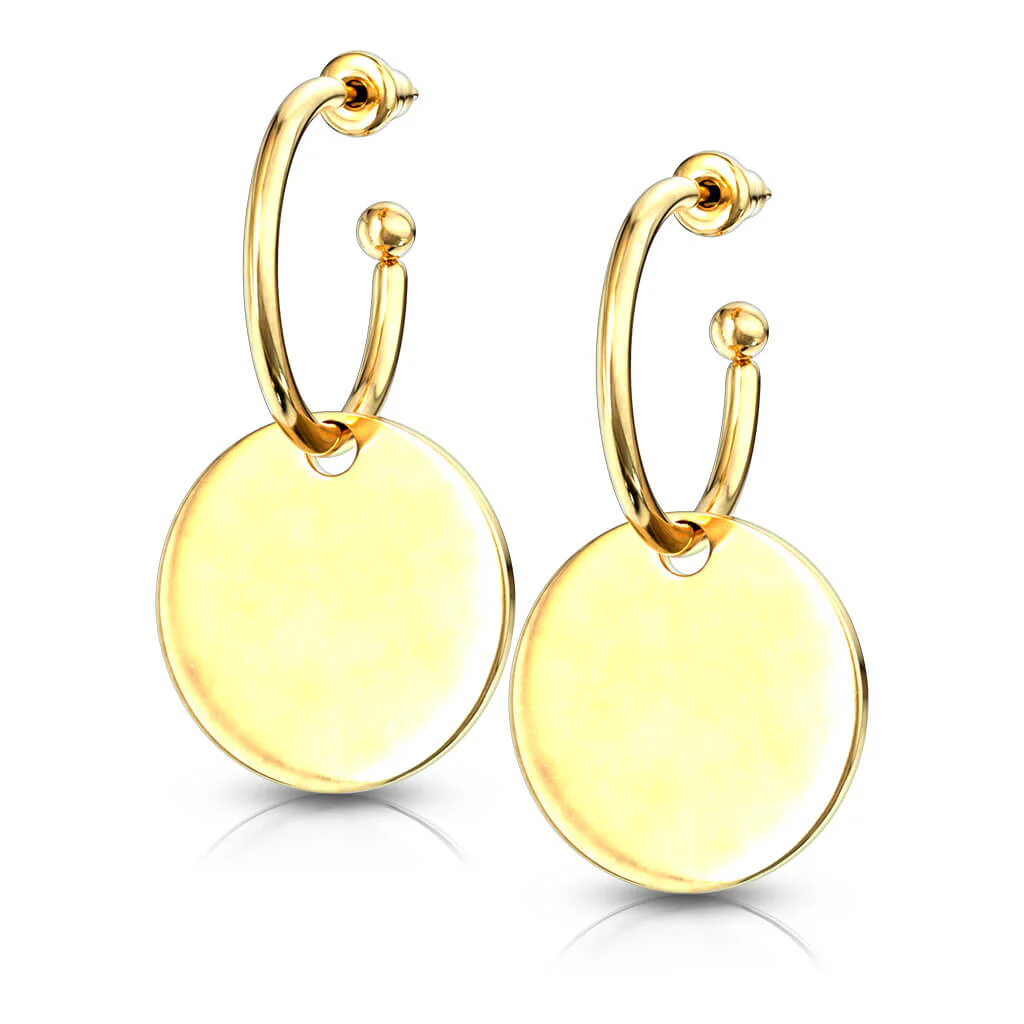 Bouton d'Oreille 316L Clous d'Oreille Créoles avec Pendentif Plaque Ronde 1 Paire - Image 4