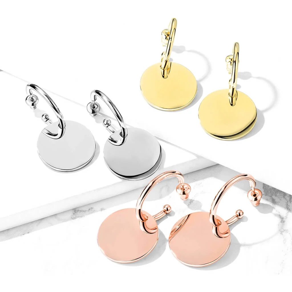 Bouton d'Oreille 316L Clous d'Oreille Créoles avec Pendentif Plaque Ronde 1 Paire - Image 6