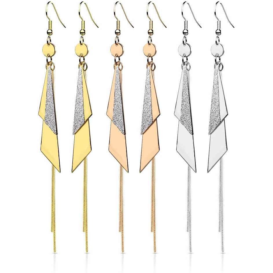 Bouton d'Oreille 316L Boucles d'Oreilles à Crochet Triangles Un et Deux Tons Pendentif Chaîne 1 Paire - Image 3